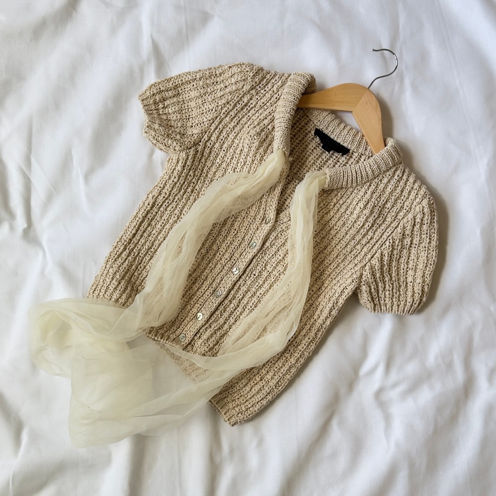 Zara Knit Cardigan Women's S Beige Short Sleeve Cottagecore Black Tag Coquette